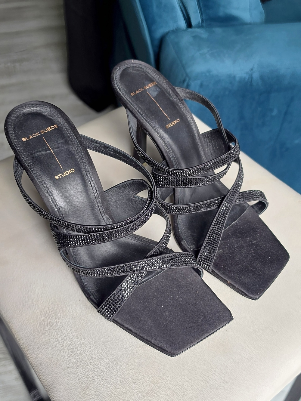 Black Suede Strappy Heeled Sandals with Embellished Straps